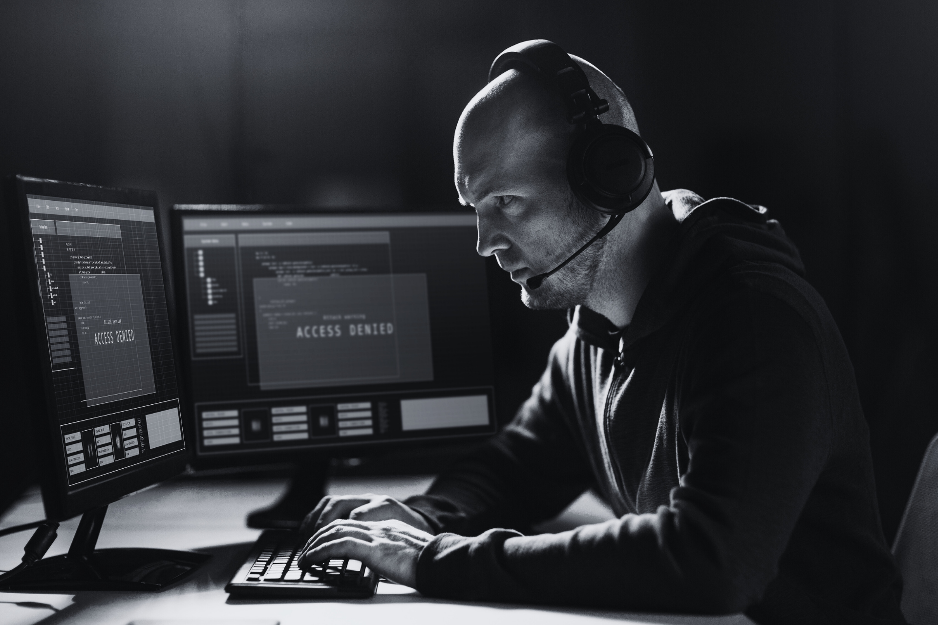 IT-Spezialist mit Headset arbeitet konzentriert an Monitoren mit „Access Denied“-Warnung im Bereich Cybersecurity.